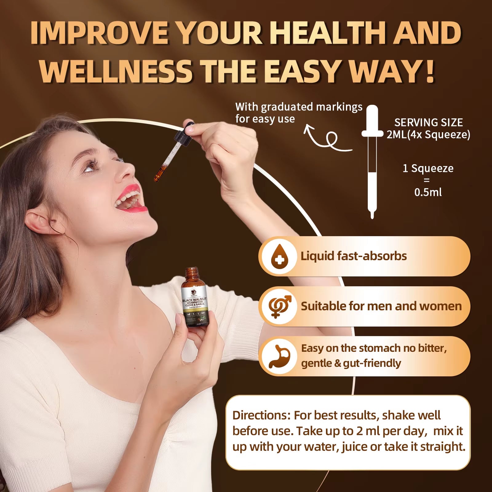 Black Walnut Wormwood Drop,Rapid Gut Cleanse & Digestive Health with Clove Garlic Turmeric 98% Absorption,Vegan Gluten-Free